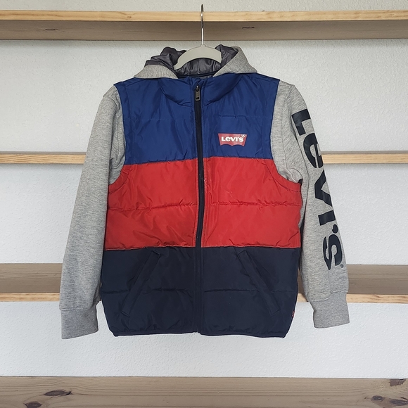 Levi's Kids Colorblock Puffer Jacket - Red, Blue, Gray - Picture 1 of 8